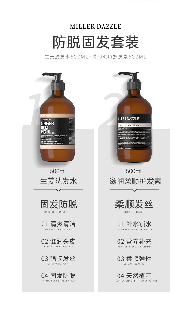 MILLERDAZZLE 防脫固發套裝   生姜洗發水500ML+滋潤柔順護發素500ML      生姜洗發水 500mL   天然成分 無硅油   固發防脫 柔順發絲   01 清爽清潔   02 滋潤頭皮   03 強韌發絲   04 固發防脫      滋潤柔順護發素 500mL   天然成分 無硅油   滋養柔順 天然植萃   01 補水鎖水   02 營養補充   03 柔順彈性  